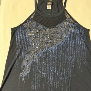 Harley-Davidson Black Tank Top with Blue Graphic Mesh Yoke